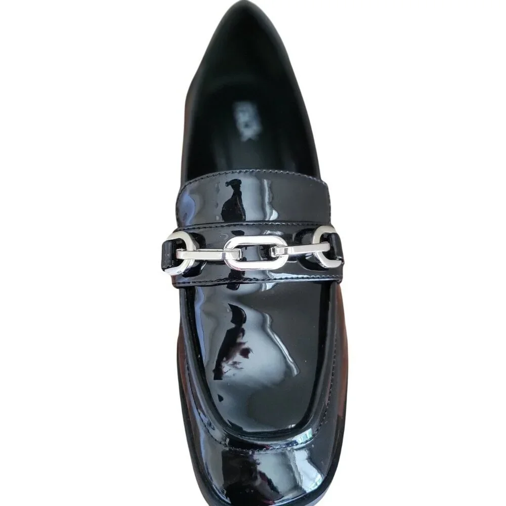 Nordstrom Rack Loafer Women Black Glossy Flat Moc Rack Jane Chain-Link Shoe 6.5M